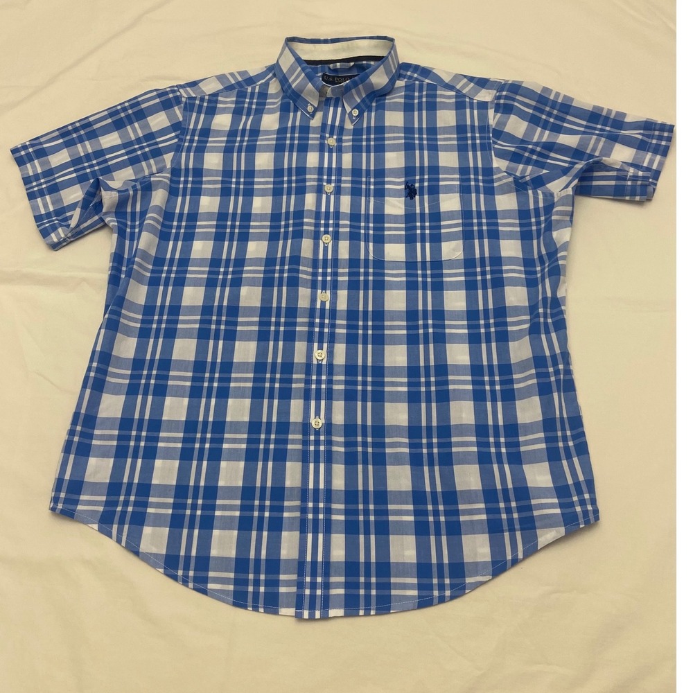 US Polo Assn Mens Large Plaid‎ Short Sleeve Button Down Shirt Blue White